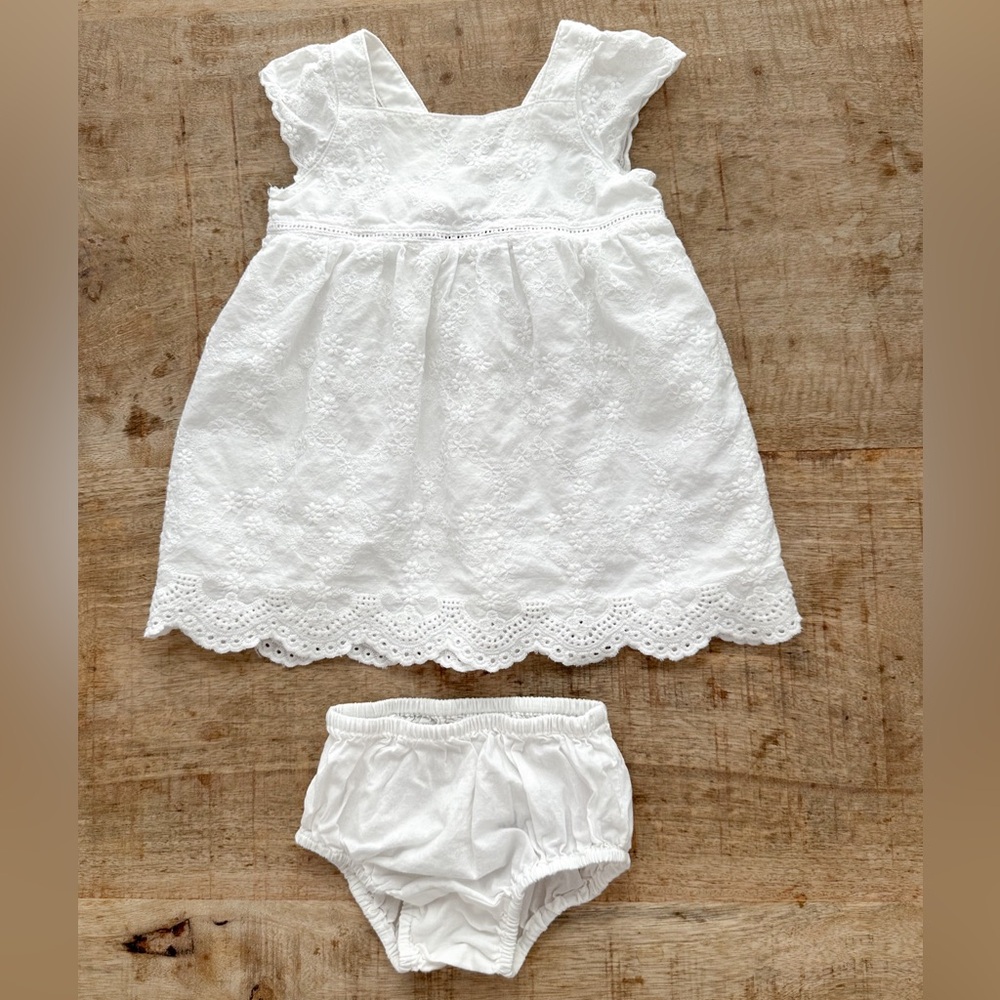 White Lace Cotton Dress & Bloomers - 3-6 months